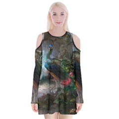 Peacock Art Painting Velvet Long Sleeve Shoulder Cutout Dress