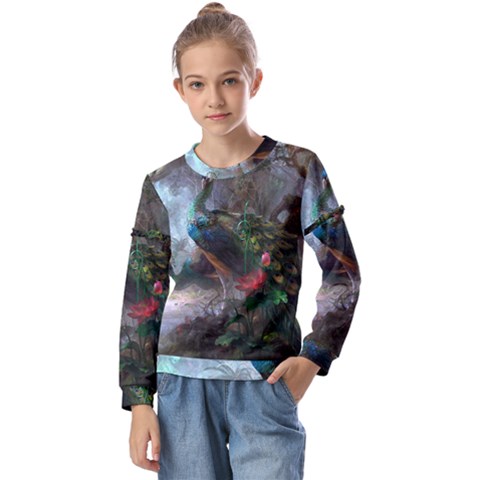 Peacock Art Painting Kids  Long Sleeve T-shirt With Frill  by Ndabl3x