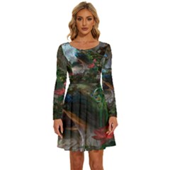 Peacock Art Painting Long Sleeve Wide Neck Velvet Dress by Ndabl3x