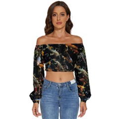 Shoal Of Koi Fish Water Underwater Long Sleeve Crinkled Weave Crop Top by Ndabl3x