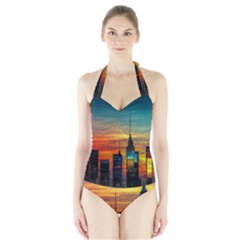 New York City Skyline Usa Halter Swimsuit by Ndabl3x