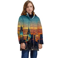 New York City Skyline Usa Kids  Hooded Longline Puffer Jacket by Ndabl3x