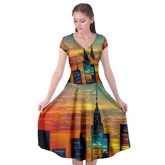 New York City Skyline Usa Cap Sleeve Wrap Front Dress by Ndabl3x