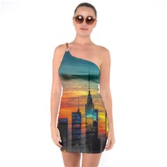 New York City Skyline Usa One Shoulder Ring Trim Bodycon Dress by Ndabl3x