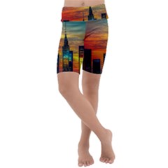 New York City Skyline Usa Kids  Lightweight Velour Cropped Yoga Leggings by Ndabl3x