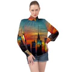 New York City Skyline Usa High Neck Long Sleeve Chiffon Top by Ndabl3x