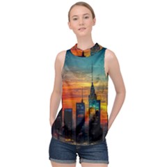 New York City Skyline Usa High Neck Satin Top by Ndabl3x