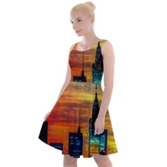 New York City Skyline Usa Knee Length Skater Dress by Ndabl3x