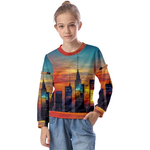 New York City Skyline Usa Kids  Long Sleeve T-shirt With Frill  by Ndabl3x