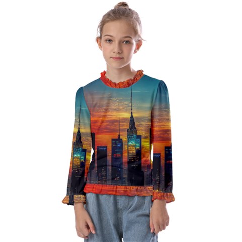 New York City Skyline Usa Kids  Frill Detail T-shirt by Ndabl3x