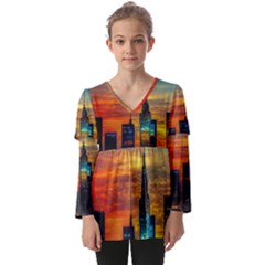 New York City Skyline Usa Kids  V Neck Casual Top by Ndabl3x