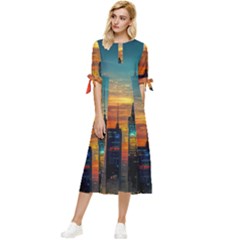 New York City Skyline Usa Bow Sleeve Chiffon Midi Dress