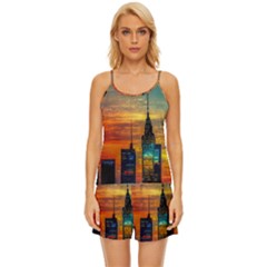 New York City Skyline Usa Satin Pajama Short Set by Ndabl3x