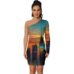 New York City Skyline Usa Long Sleeve One Shoulder Mini Dress by Ndabl3x