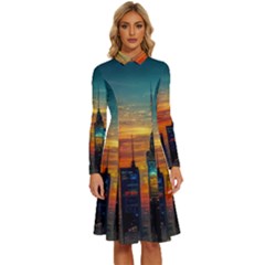 New York City Skyline Usa Long Sleeve Shirt Collar A-line Dress by Ndabl3x