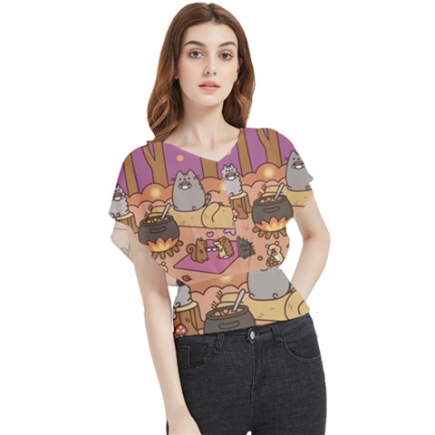 Pusheen Cute Fall The Cat Butterfly Chiffon Blouse by Ndabl3x