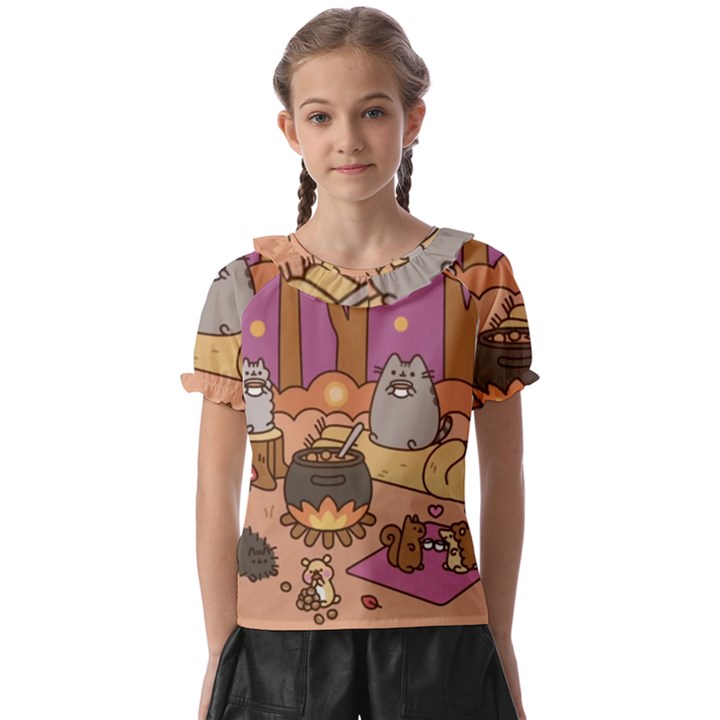 Pusheen Cute Fall The Cat Kids  Frill Chiffon Blouse