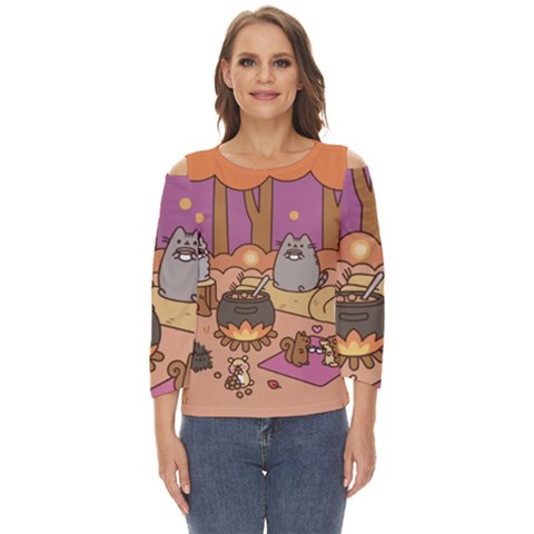 Pusheen Cute Fall The Cat Cut Out Wide Sleeve Top by Ndabl3x