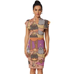 Pusheen Cute Fall The Cat Vintage Frill Sleeve V-neck Bodycon Dress by Ndabl3x