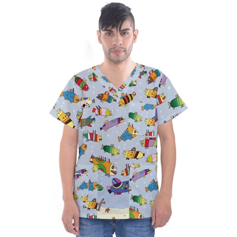 Fish Ocean Sea Water Diving Blue Men s V-neck Scrub Top by Ndabl3x