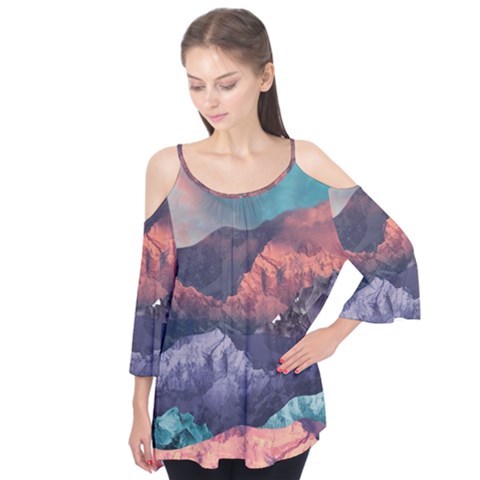 Adventure Psychedelic Mountain Flutter Sleeve T-shirt  by Ndabl3x