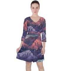 Adventure Psychedelic Mountain Quarter Sleeve Ruffle Waist Dress by Ndabl3x