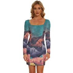 Adventure Psychedelic Mountain Long Sleeve Square Neck Bodycon Velvet Dress by Ndabl3x