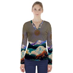 Surreal Art Psychadelic Mountain V-neck Long Sleeve Top by Ndabl3x