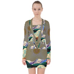 Surreal Art Psychadelic Mountain V-neck Bodycon Long Sleeve Dress by Ndabl3x