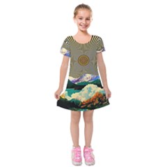 Surreal Art Psychadelic Mountain Kids  Short Sleeve Velvet Dress by Ndabl3x