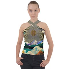 Surreal Art Psychadelic Mountain Cross Neck Velour Top by Ndabl3x