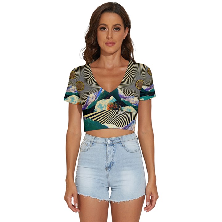 Surreal Art Psychadelic Mountain V-Neck Crop Top