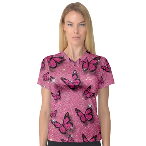 Pink Glitter Butterfly V-neck Sport Mesh T-shirt by Ndabl3x