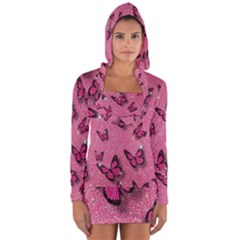 Pink Glitter Butterfly Long Sleeve Hooded T-shirt by Ndabl3x