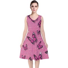 Pink Glitter Butterfly V-neck Midi Sleeveless Dress  by Ndabl3x