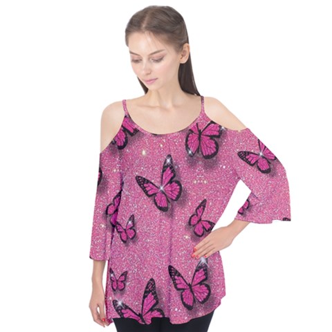 Pink Glitter Butterfly Flutter Sleeve T-shirt  by Ndabl3x