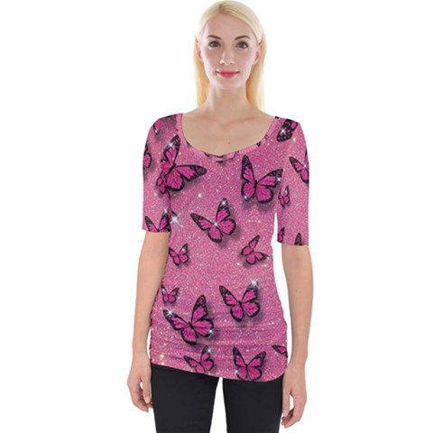 Pink Glitter Butterfly Wide Neckline T-shirt by Ndabl3x