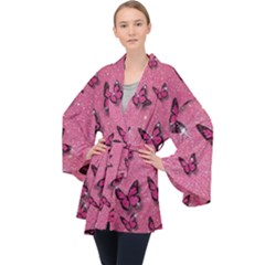 Pink Glitter Butterfly Long Sleeve Velvet Kimono  by Ndabl3x