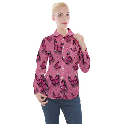 Pink Glitter Butterfly Women s Long Sleeve Pocket Shirt by Ndabl3x