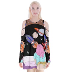 Girl Bed Space Planet Spaceship Velvet Long Sleeve Shoulder Cutout Dress