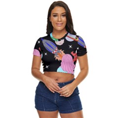 Girl Bed Space Planet Spaceship Side Button Cropped T-shirt