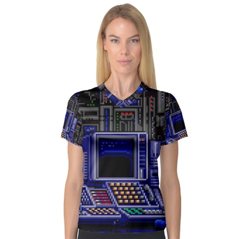 Blue Computer Monitor With Chair Game Digital Art V-neck Sport Mesh T-shirt by Bedest