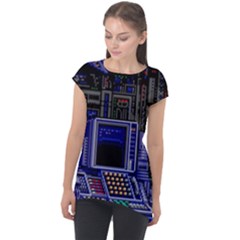 Blue Computer Monitor With Chair Game Digital Art Cap Sleeve High Low Top by Bedest