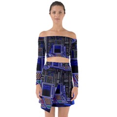 Blue Computer Monitor With Chair Game Digital Art Off Shoulder Top With Skirt Set by Bedest