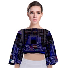 Blue Computer Monitor With Chair Game Digital Art Tie Back Butterfly Sleeve Chiffon Top by Bedest