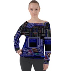 Blue Computer Monitor With Chair Game Digital Art Off Shoulder Long Sleeve Velour Top by Bedest