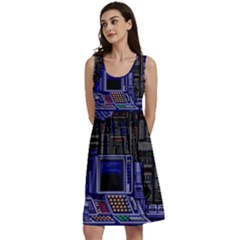 Blue Computer Monitor With Chair Game Digital Art Classic Skater Dress by Bedest