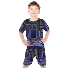 Blue Computer Monitor With Chair Game Digital Art Kids  T-shirt And Shorts Set by Bedest