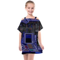 Blue Computer Monitor With Chair Game Digital Art Kids  One Piece Chiffon Dress by Bedest