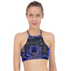 Blue Computer Monitor With Chair Game Digital Art Halter Bikini Top by Bedest